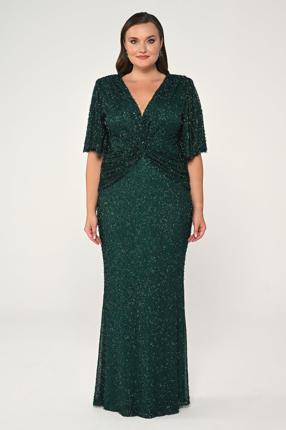 V-Neck Short Sleeve Beaded Fabric Long Dress