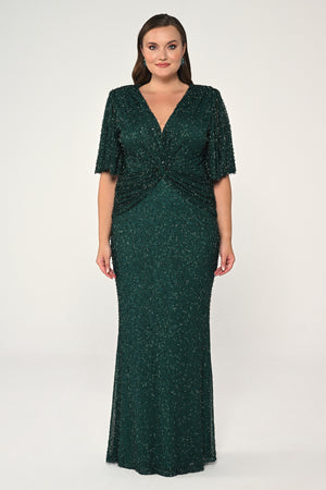 V-Neck Short Sleeve Beaded Fabric Long Dress