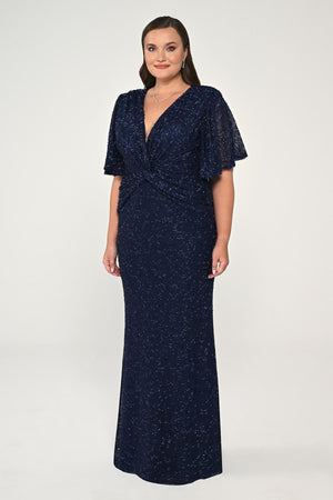 V-Neck Short Sleeve Beaded Fabric Long Dress