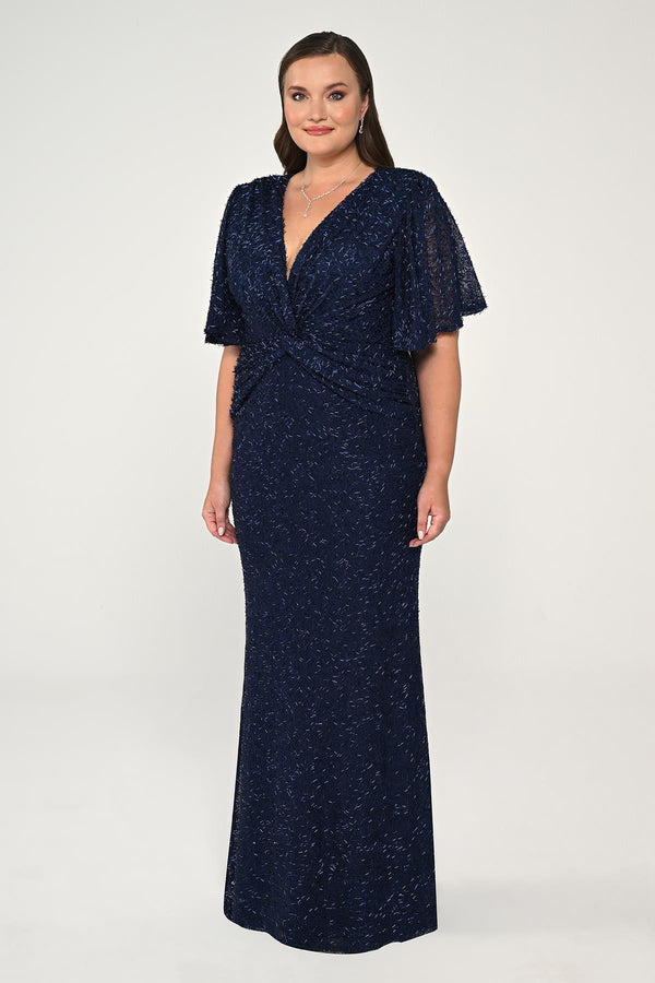 V-Neck Short Sleeve Beaded Fabric Long Dress