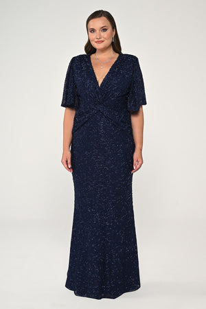 V-Neck Short Sleeve Beaded Fabric Long Dress