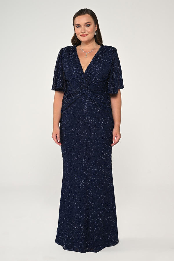 V-Neck Short Sleeve Beaded Fabric Long Dress