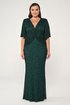 V-Neck Short Sleeve Beaded Fabric Long Dress