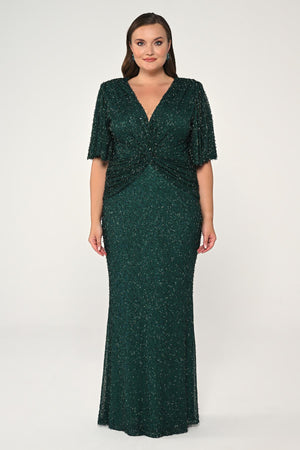 V-Neck Short Sleeve Beaded Fabric Long Dress