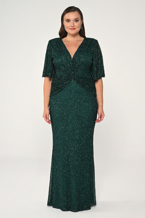 V-Neck Short Sleeve Beaded Fabric Long Dress