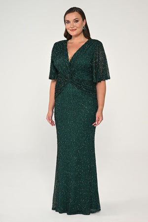 V-Neck Short Sleeve Beaded Fabric Long Dress