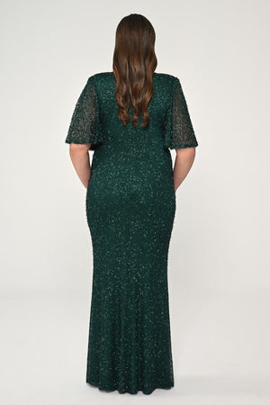 V-Neck Short Sleeve Beaded Fabric Long Dress