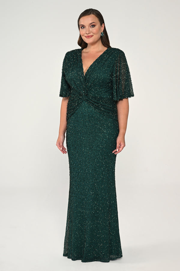 V-Neck Short Sleeve Beaded Fabric Long Dress