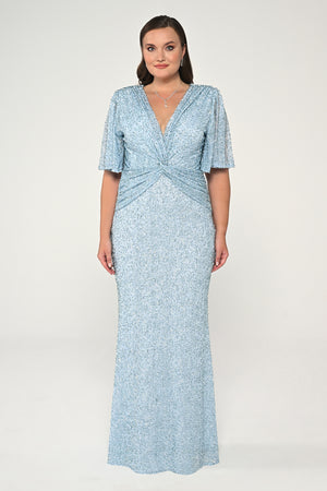 V-Neck Short Sleeve Beaded Fabric Long Dress