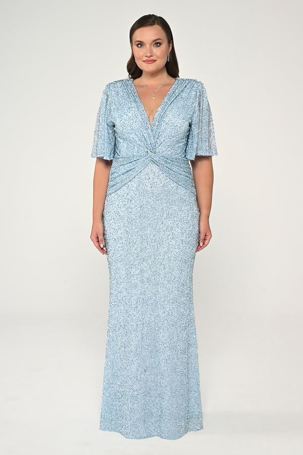 V-Neck Short Sleeve Beaded Fabric Long Dress