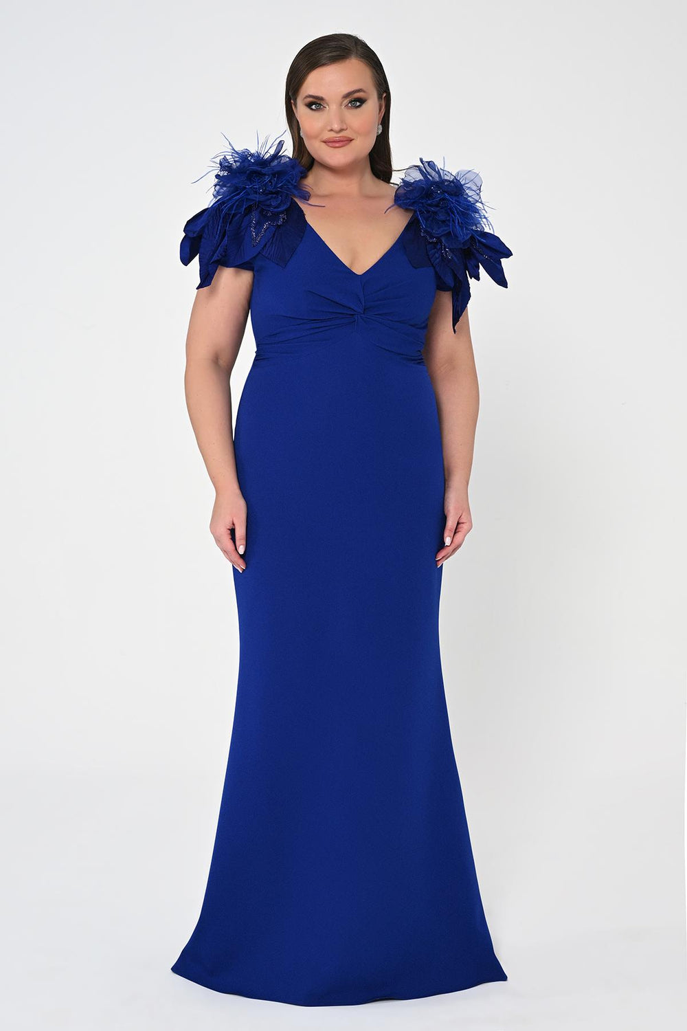 V-Neck Long Dress with Feather-Detailed Shoulders