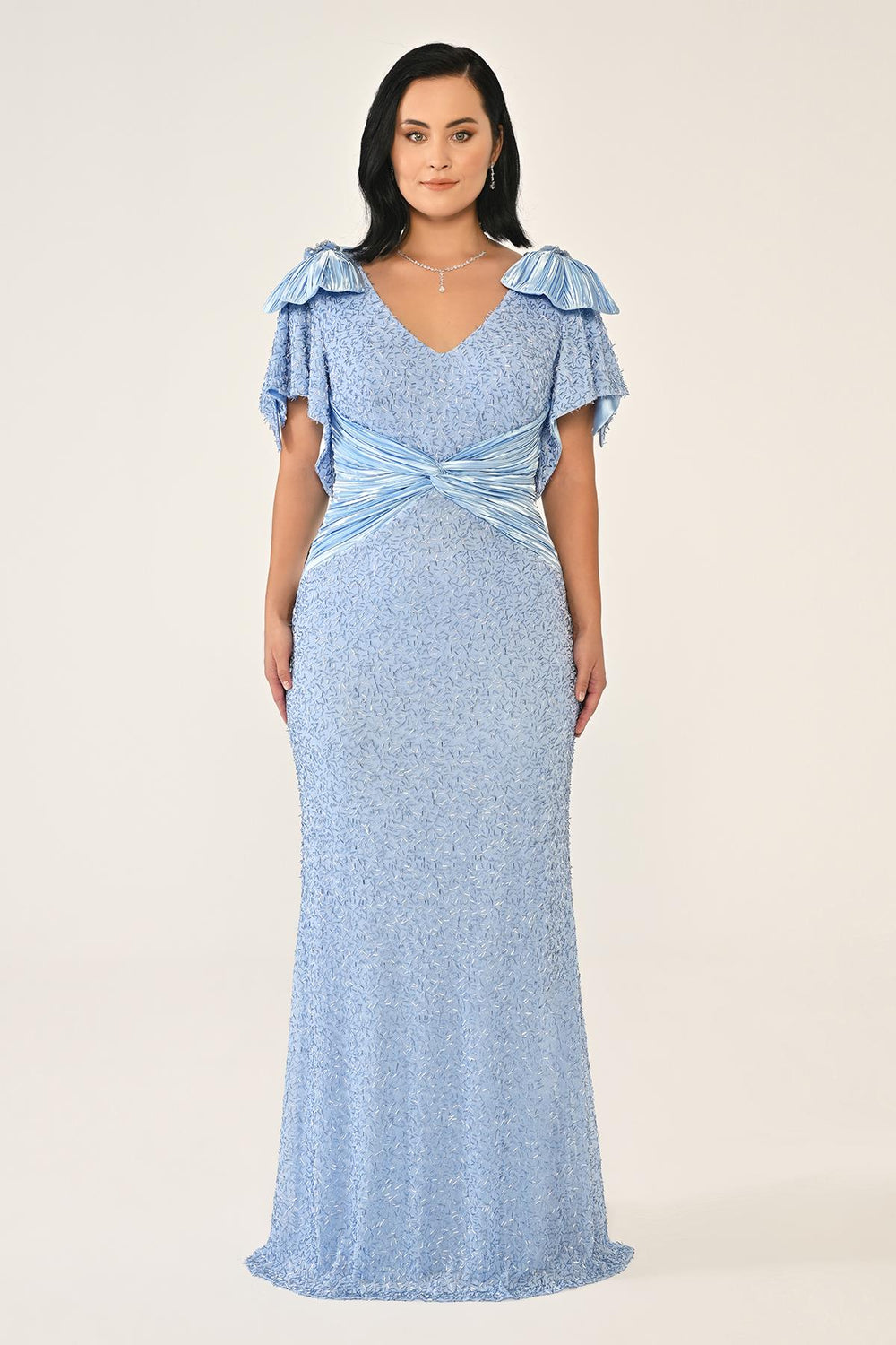 V-Neck Beaded Fabric Long Dress with Shoulder Detail