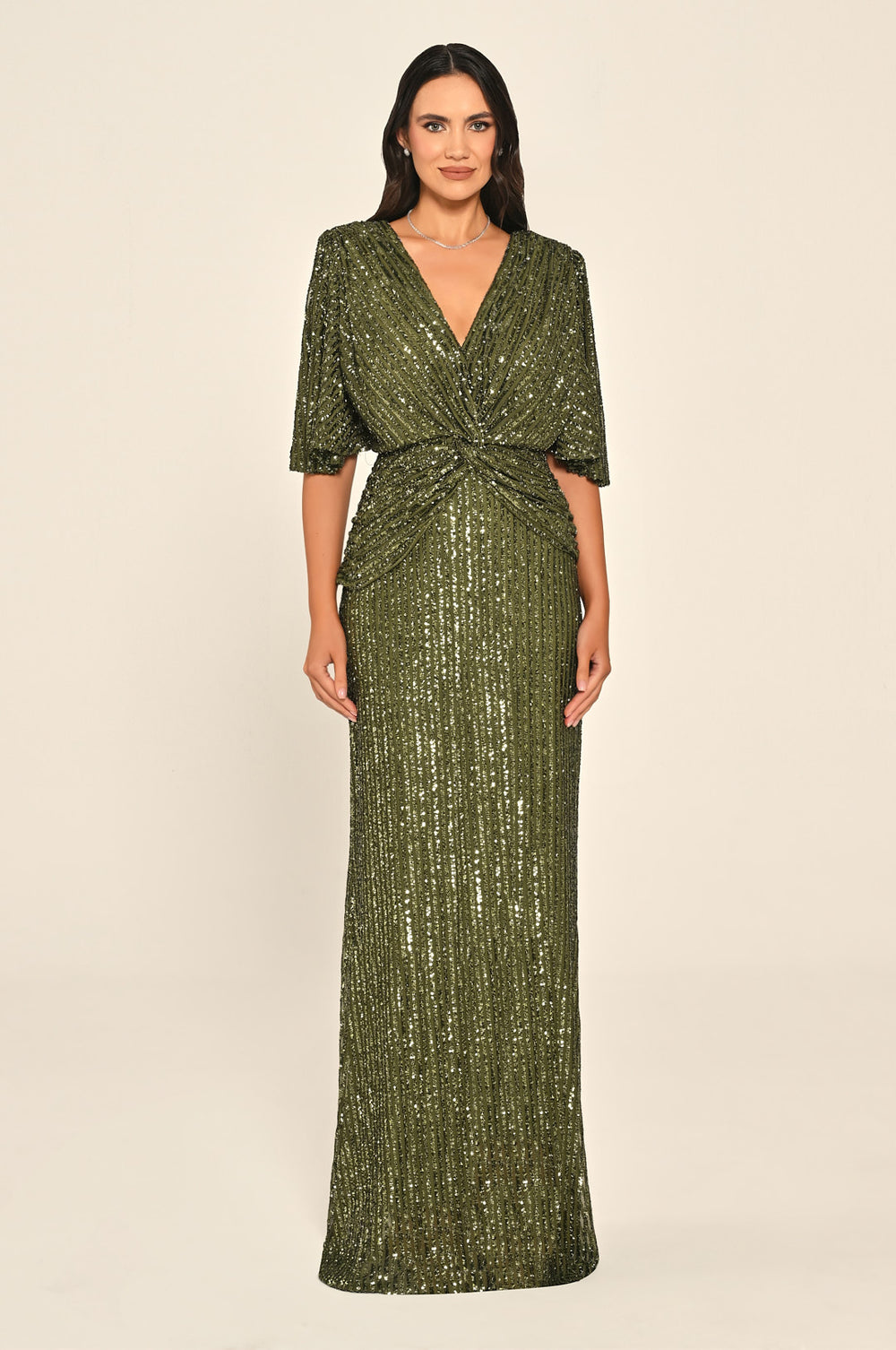 V-Neck Sequin Maxi Dress with Front Knot Detail