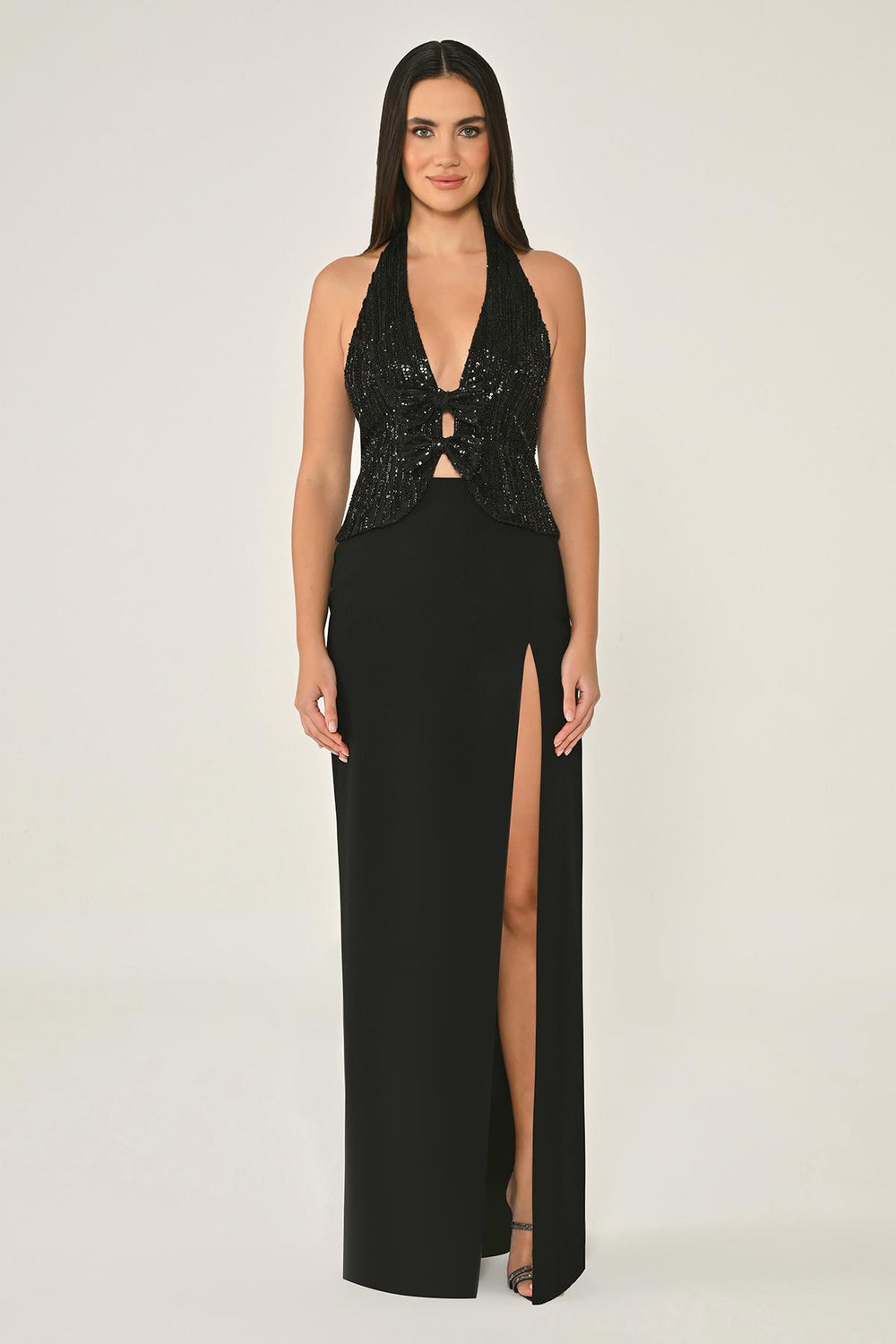 V-Neck Sequin Skirt Crepe Long Evening Dress