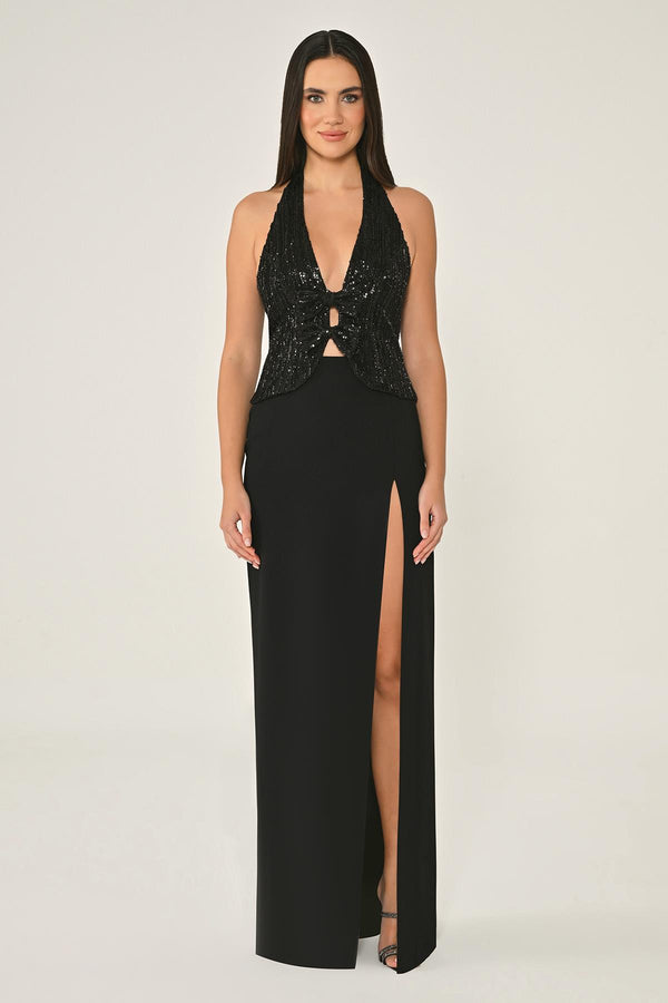 V-Neck Sequin Skirt Crepe Long Evening Dress