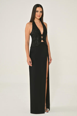 V-Neck Sequin Skirt Crepe Long Evening Dress
