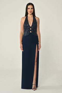 V-Neck Sequin Skirt Crepe Long Evening Dress