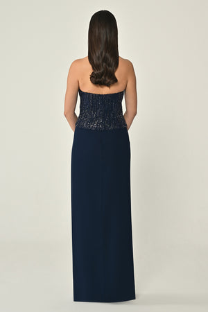 V-Neck Sequin Skirt Crepe Long Evening Dress