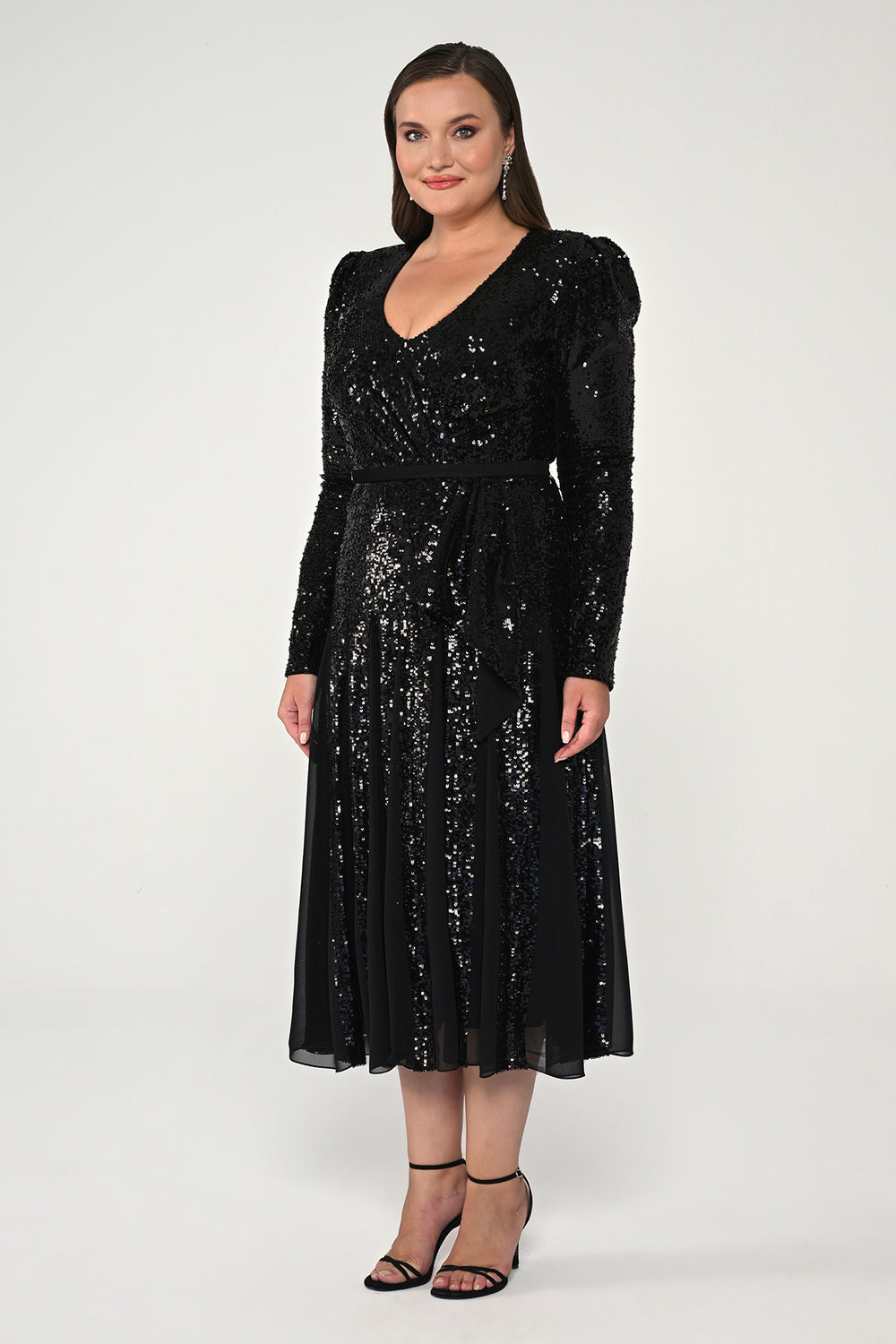 V-Neck Long Sleeve Sequin Midi Dress