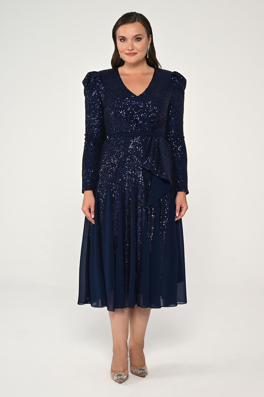 V-Neck Long Sleeve Sequin Midi Dress