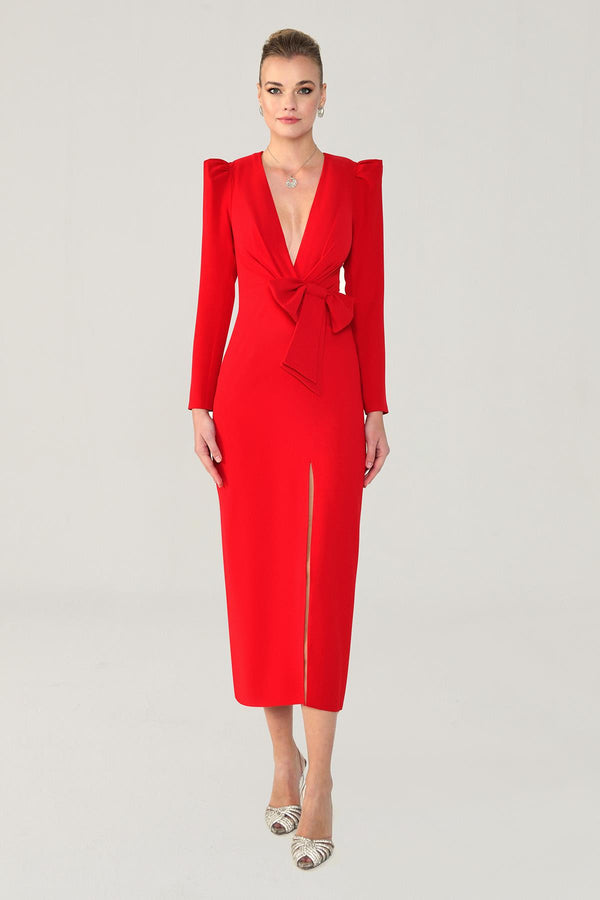 V-Neck Long Sleeve Slit Maxi Dress