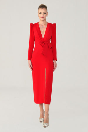 V-Neck Long Sleeve Slit Maxi Dress