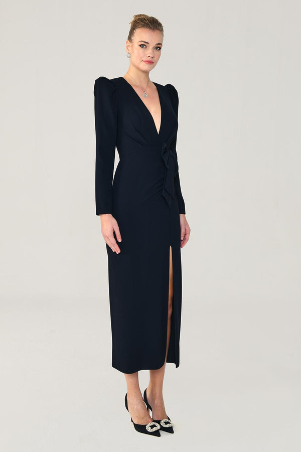 V-Neck Long Sleeve Slit Maxi Dress
