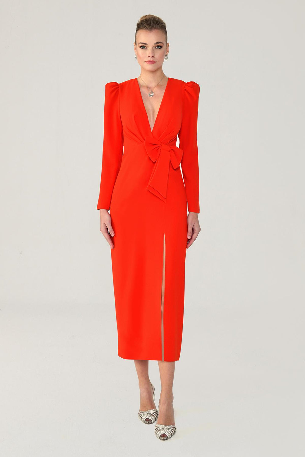 V-Neck Long Sleeve Slit Maxi Dress
