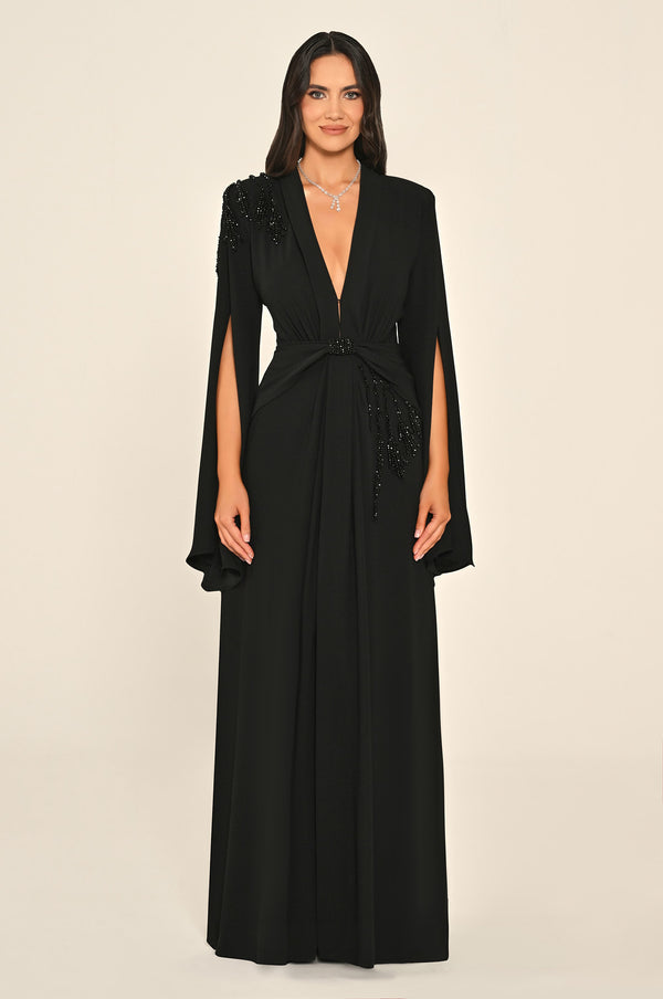 V-Neck Padded Shawl Sleeve Beaded Ruched Front Crepe Long Dress