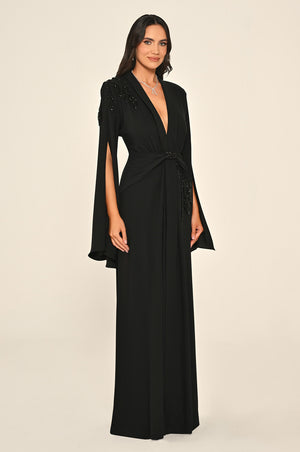 V-Neck Padded Shawl Sleeve Beaded Ruched Front Crepe Long Dress