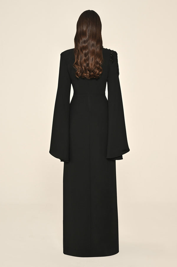 V-Neck Padded Shawl Sleeve Beaded Ruched Front Crepe Long Dress