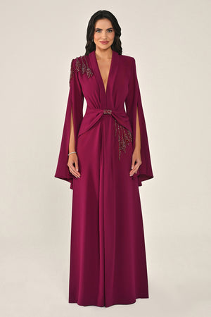 V-Neck Padded Shawl Sleeve Beaded Ruched Front Crepe Long Dress