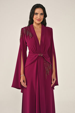 V-Neck Padded Shawl Sleeve Beaded Ruched Front Crepe Long Dress
