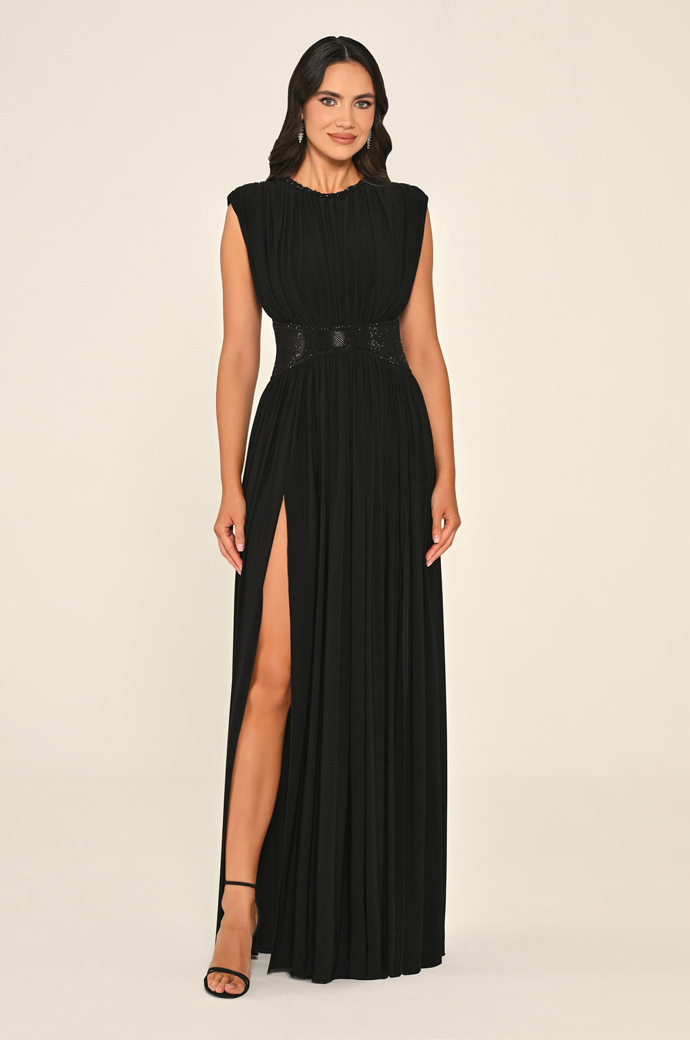 Long Slit Dress with Shoulder Pads and Embellished Waist