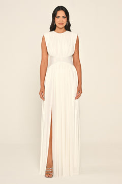 Padded-Shoulder Maxi Dress with Stone-Embellished Waist and Slit
