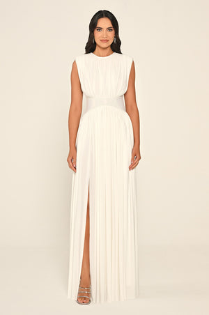 Padded-Shoulder Maxi Dress with Stone-Embellished Waist and Slit