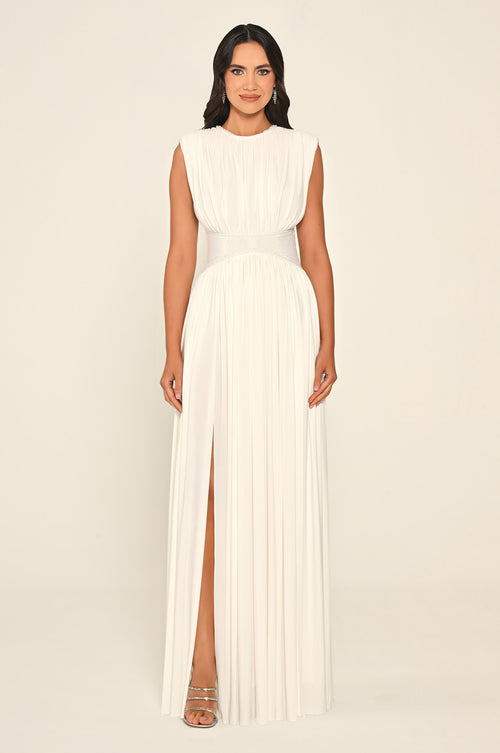 Padded-Shoulder Maxi Dress with Stone-Embellished Waist and Slit