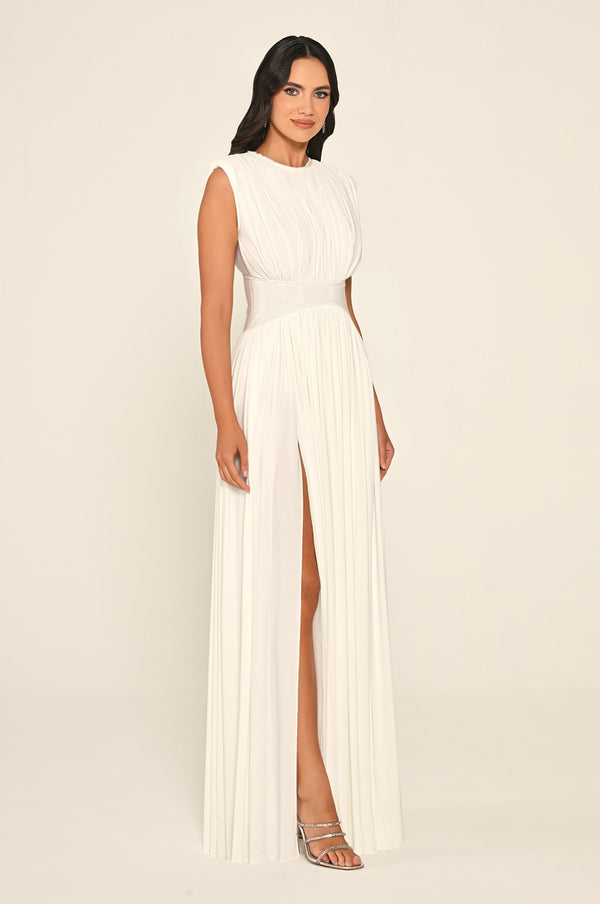 Padded-Shoulder Maxi Dress with Stone-Embellished Waist and Slit