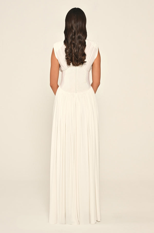 Padded-Shoulder Maxi Dress with Stone-Embellished Waist and Slit