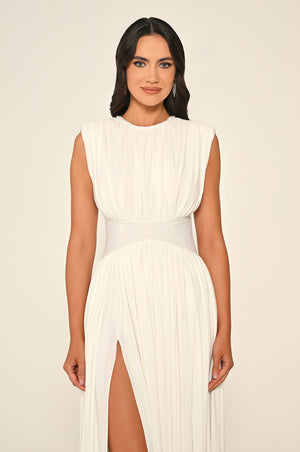 Padded-Shoulder Maxi Dress with Stone-Embellished Waist and Slit