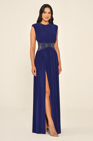 Padded-Shoulder Maxi Dress with Stone-Embellished Waist and Slit