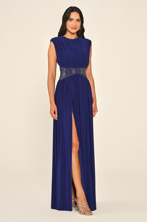 Padded-Shoulder Maxi Dress with Stone-Embellished Waist and Slit