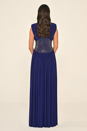 Padded-Shoulder Maxi Dress with Stone-Embellished Waist and Slit