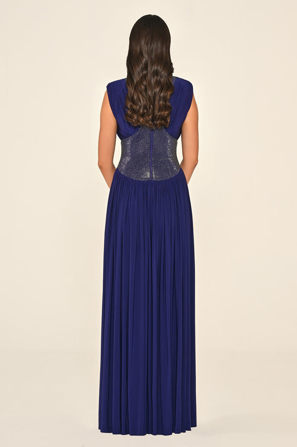 Padded-Shoulder Maxi Dress with Stone-Embellished Waist and Slit