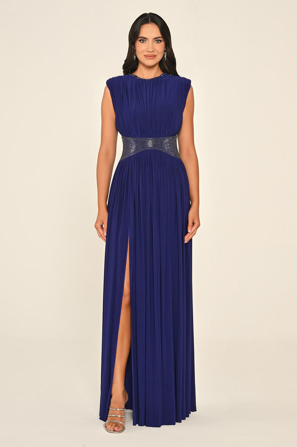 Padded-Shoulder Maxi Dress with Stone-Embellished Waist and Slit
