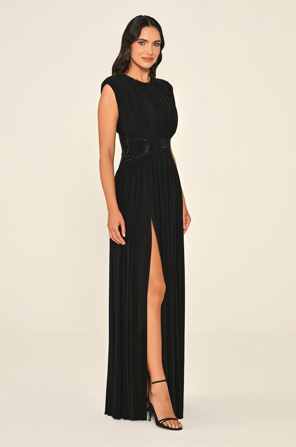 Padded-Shoulder Maxi Dress with Stone-Embellished Waist and Slit