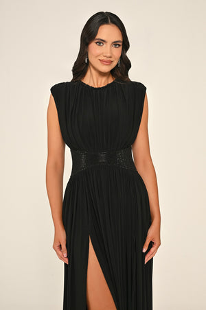 Padded-Shoulder Maxi Dress with Stone-Embellished Waist and Slit