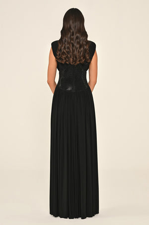 Padded-Shoulder Maxi Dress with Stone-Embellished Waist and Slit