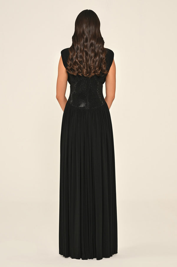 Padded-Shoulder Maxi Dress with Stone-Embellished Waist and Slit