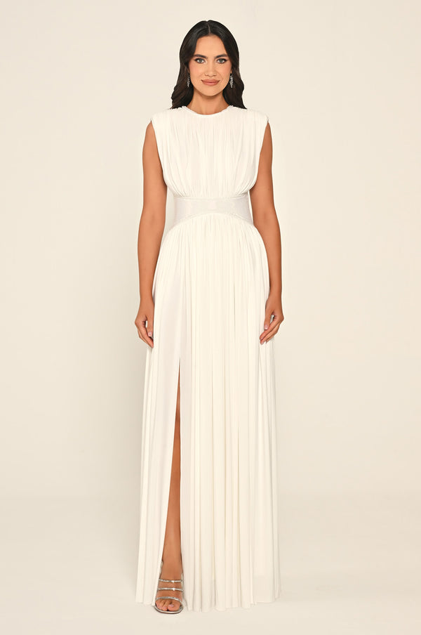 Padded-Shoulder Maxi Dress with Stone-Embellished Waist and Slit